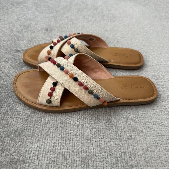TOMS Sandals Womens Size 7 Beige Cross Strap Slide Beaded Canvas Boho Slip On - Picture 1 of 11